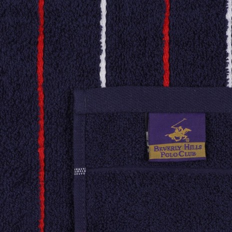 Set 2 prosoape Beverly Hills Polo Club 70x140cm bumbac 100%, bleumarin cu dungi albe și roșii, densitate 480g/mp
