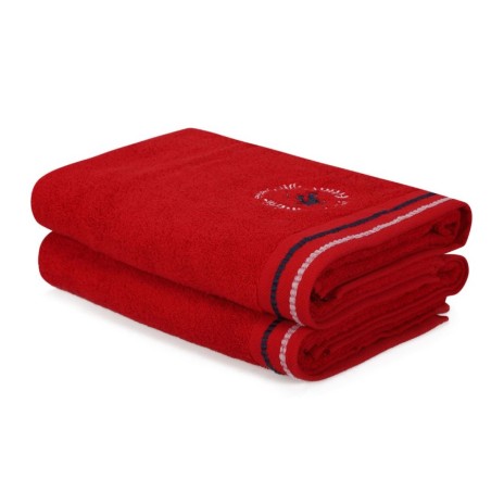 Set 2 prosoape Beverly Hills Polo Club 70x140cm bumbac 100%, roșu, cu emblemă BHPC, densitate 450g/m