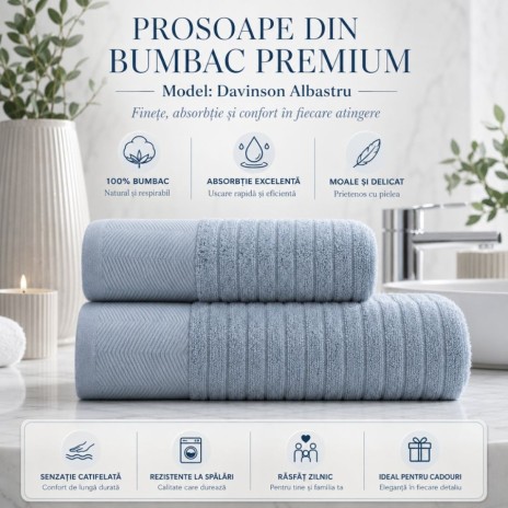 Set 2 prosoape baie bumbac 100% jacquard 500 GSM Davinson Albastru