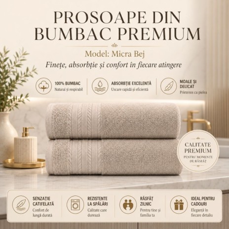 Set 2 prosoape baie bumbac 100% terry 500 GSM Micra Bej