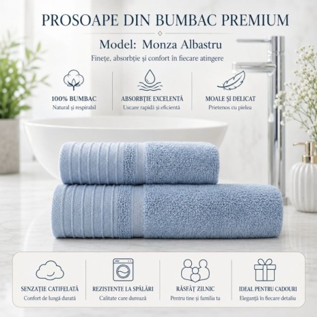Set 2 prosoape baie bumbac 100% terry 500 GSM Monza albastru