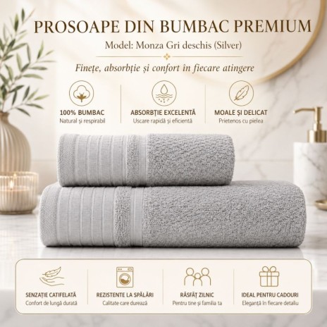 Set 2 prosoape baie bumbac 100% terry 500 GSM Monza gri deschis