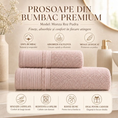 Set 2 prosoape baie bumbac 100% terry 500 GSM Monza Roz Pudra