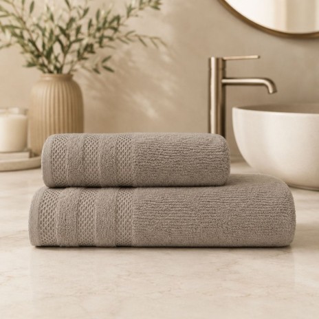 Set 2 prosoape baie bumbac 100% terry 500 GSM Rabi bej nisipiu cu bordura texturata