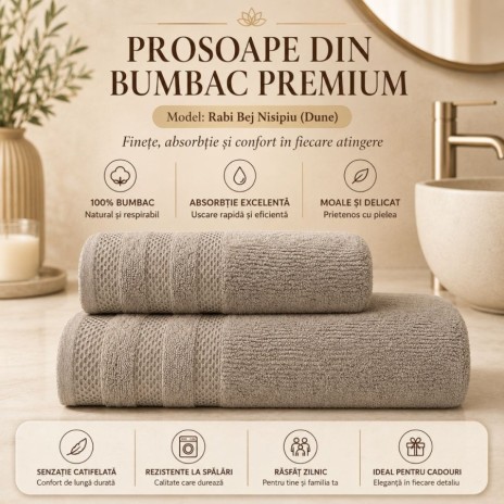 Set 2 prosoape baie bumbac 100% terry 500 GSM Rabi bej nisipiu cu bordura texturata