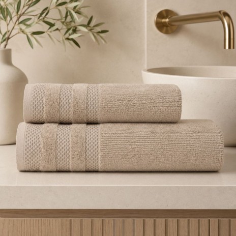 Set 2 prosoape baie bumbac 100% terry 500 GSM Rabi Bej cu bordura texturata