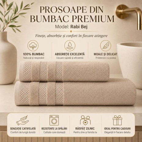 Set 2 prosoape baie bumbac 100% terry 500 GSM Rabi Bej cu bordura texturata