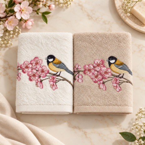 Set 2 prosoape Arliva Home 50x90 cm, ecru si bej, cu broderie pasarele galbene si flori de cires roz