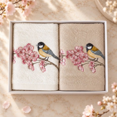 Set 2 prosoape Arliva Home 50x90 cm, ecru si bej, cu broderie pasarele galbene si flori de cires roz