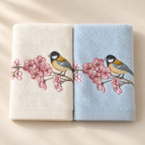 Set 2 prosoape Arliva Home 50x90 cm, ecru si bleu, cu broderie pasarele galbene si flori de cires roz