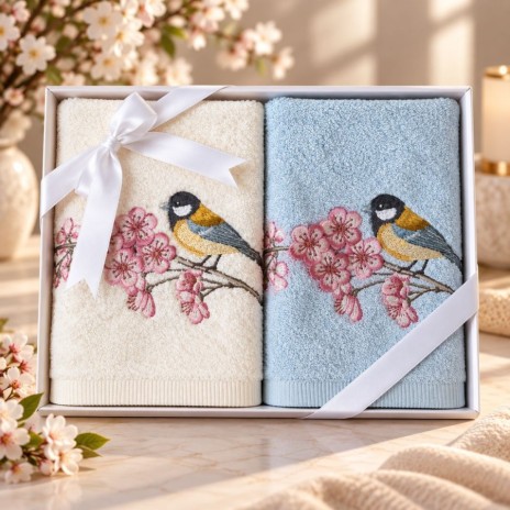 Set 2 prosoape Arliva Home 50x90 cm, ecru si bleu, cu broderie pasarele galbene si flori de cires roz