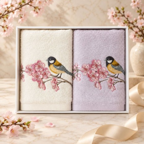 Set 2 prosoape Arliva Home 50x90 cm, ecru si lila, cu broderie pasarele galbene si flori de cires roz