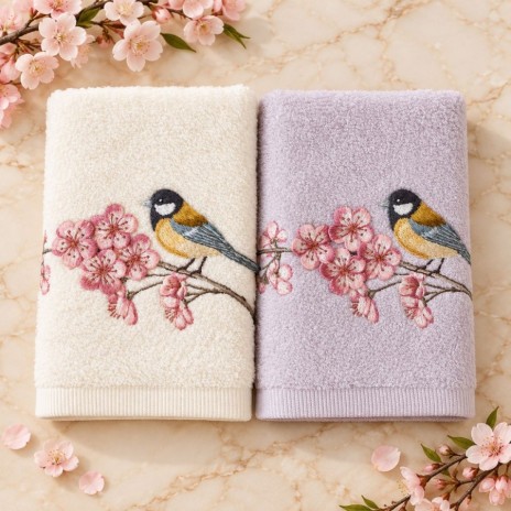 Set 2 prosoape Arliva Home 50x90 cm, ecru si lila, cu broderie pasarele galbene si flori de cires roz