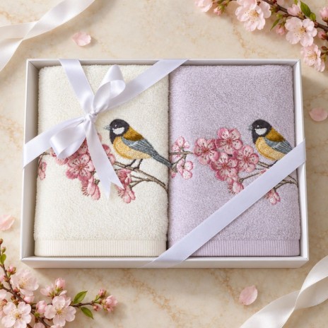Set 2 prosoape Arliva Home 50x90 cm, ecru si lila, cu broderie pasarele galbene si flori de cires roz