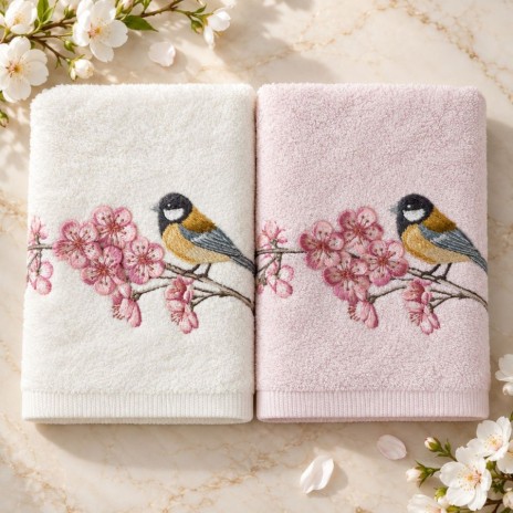 Set 2 prosoape Arliva Home 50x90 cm, ecru si roz pastel, cu broderie pasarele galbene si flori de cires roz