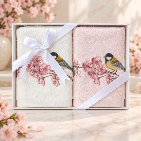 Set 2 prosoape Arliva Home 50x90 cm, ecru si roz pastel, cu broderie pasarele galbene si flori de cires roz