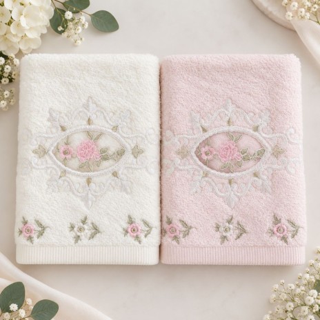 Set 2 prosoape bambus si bumbac 50x90 cm, ecru si roz, cu broderii florale si dantela