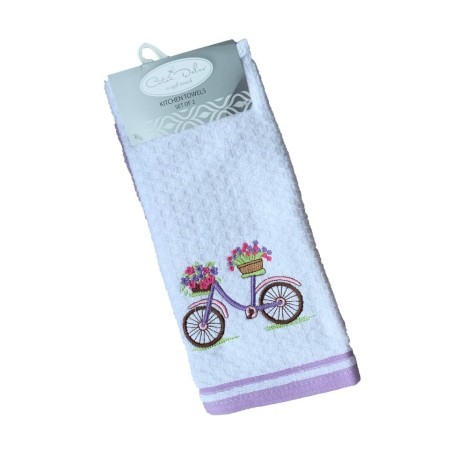 Set 2 prosoape bucatarie bumbac 100% cu broderie, Bicicleta cu flori