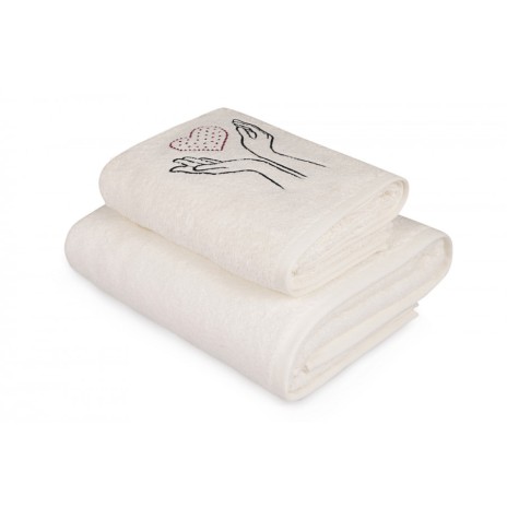 Set 2 prosoape de baie cu broderie, Saheser, bumbac 100%, Inima in palma