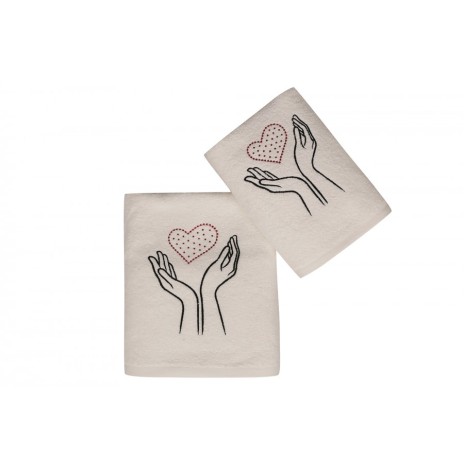 Set 2 prosoape de baie cu broderie, Saheser, bumbac 100%, Inima in palma