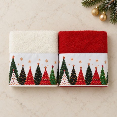 Set 2 prosoape Brazi, alb si rosu, cu bordura alba imprimata cu braduti multicolori, in cutie Lenjerii Deosebite