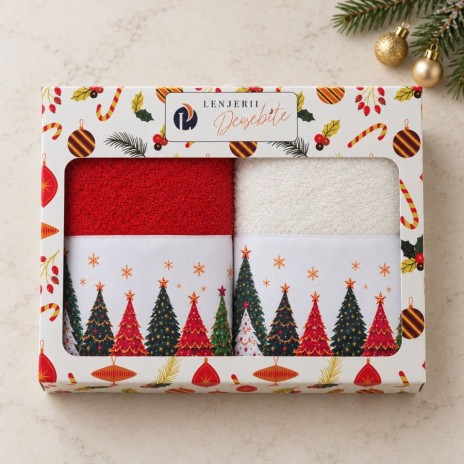 Set 2 prosoape Brazi, alb si rosu, cu bordura alba imprimata cu braduti multicolori, in cutie Lenjerii Deosebite