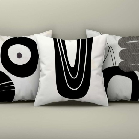 Set 3 fete perna decorative 43x43 cm cu design Abstract Alb/Negru/Gril pentru un decor modern
