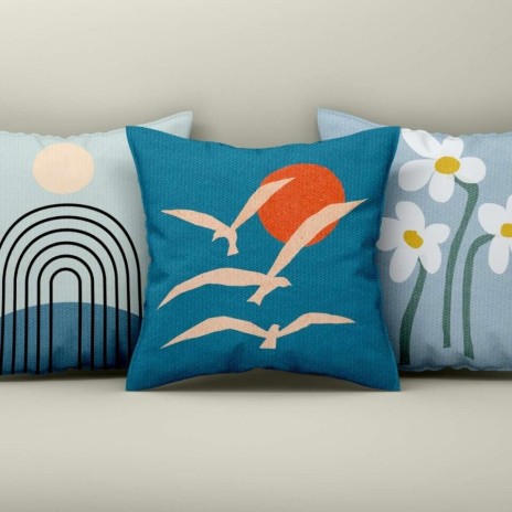 Set 3 fete perna decorative 43x43 cm cu pescarusi in zbor, curcubeu stilizat si margarete pe fundal bleu
