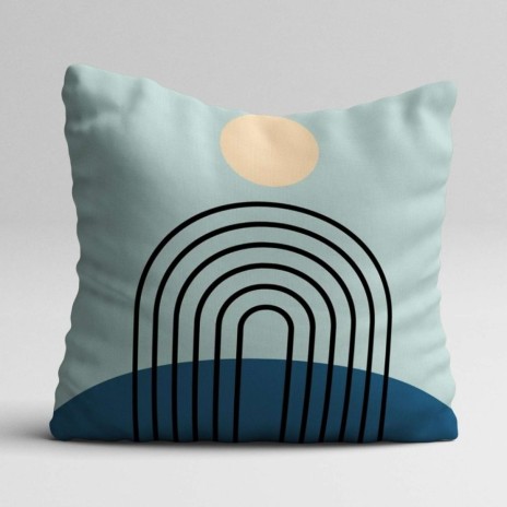 Set 3 fete perna decorative 43x43 cm cu pescarusi in zbor, curcubeu stilizat si margarete pe fundal bleu