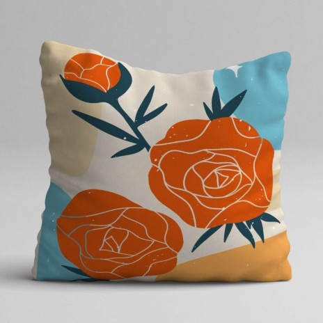 Set 3 fete perna decorative 43x43 cm model floral abstract portocaliu si turcoaz