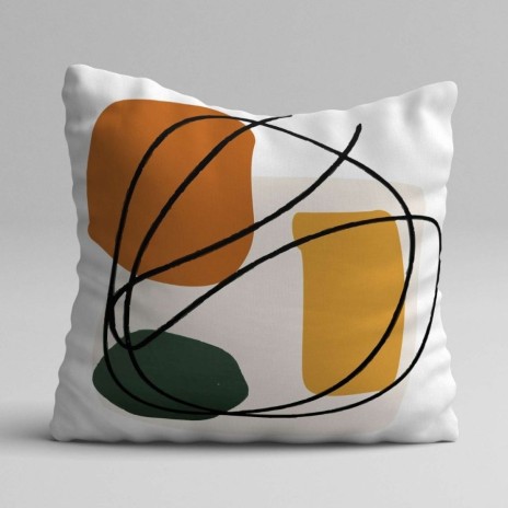 Set 3 fete perna decorative 43x43 cm cu design abstract si linii fluide in alb, mustar si verde