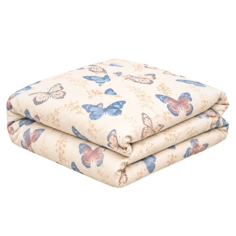 Set 3 piese Elery bej cu fluturi albastri si roz, cearsaf pilota 220x240 cm si 2 fete de perna