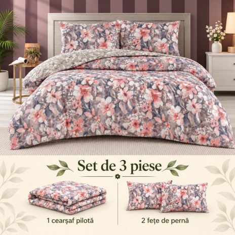Set 3 piese Joly Ecru Homesko cu flori roz somon si gri, cearsaf pilota 220x240 cm si 2 fete de perna