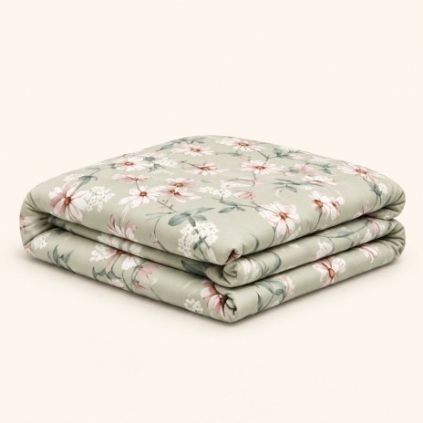 Set 3 piese Nevada Mint cu flori albe si roz pal pe fond verde menta, cearsaf pilota 220x240 si 2 fete de perna