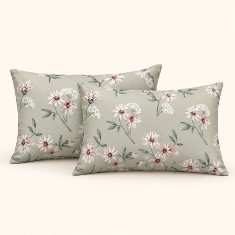 Set 3 piese Nevada Mint cu flori albe si roz pal pe fond verde menta, cearsaf pilota 220x240 si 2 fete de perna
