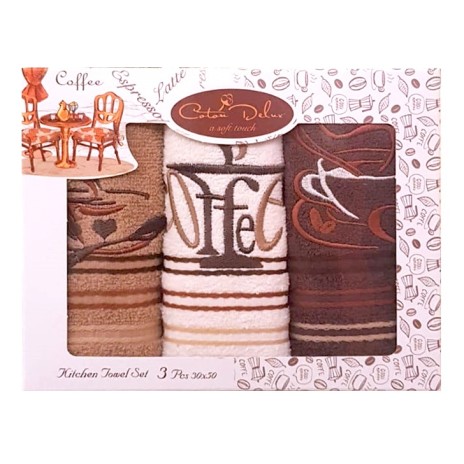 Set 3 prosoape bucatarie cu broderie, bumbac 100%, Coffee brown v1