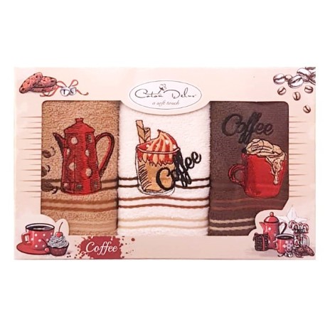 Set 3 prosoape bucatarie cu broderie, bumbac 100%, Coffee brown v2