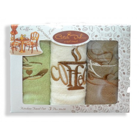 Set 3 prosoape bucatarie bumbac 100%, ambalaj elegant, Coffe Maro/Crem/Verde