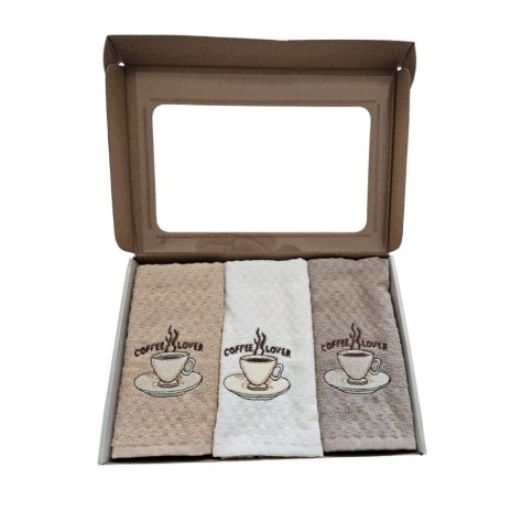 Set 3 prosoape bucatarie cu broderie 40x60cm, bumbac 100%, Coffe lover