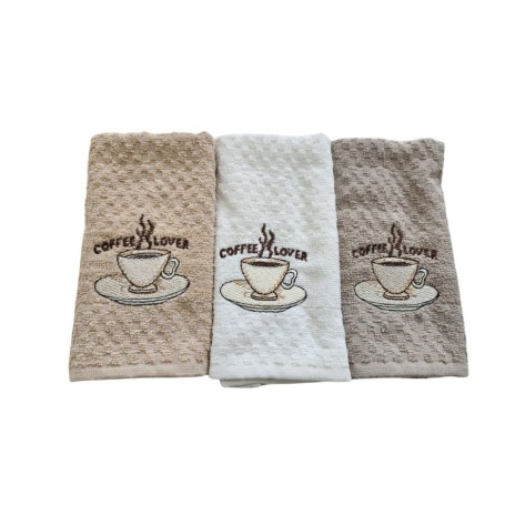 Set 3 prosoape bucatarie cu broderie 40x60cm, bumbac 100%, Coffe lover