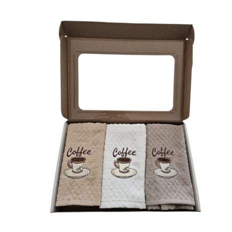 Set 3 prosoape bucatarie cu broderie 40x60cm, bumbac 100%, Coffe Time