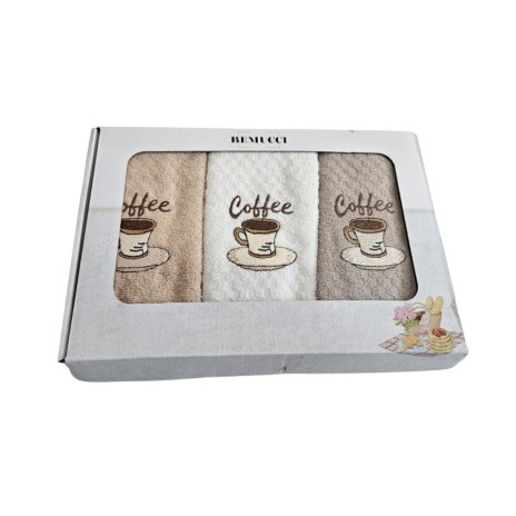 Set 3 prosoape bucatarie cu broderie 40x60cm, bumbac 100%, Coffe Time