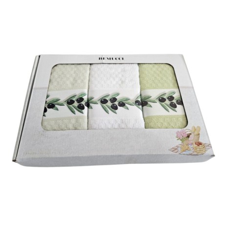 Set 3 prosoape bucatarie cu broderie 40x60cm, bumbac 100%, Masline