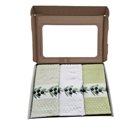 Set 3 prosoape bucatarie cu broderie 40x60cm, bumbac 100%, Masline