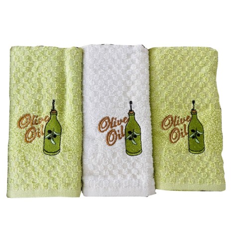 Set 3 prosoape bucatarie cu broderie 40x60cm, bumbac 100%, Olive Oil