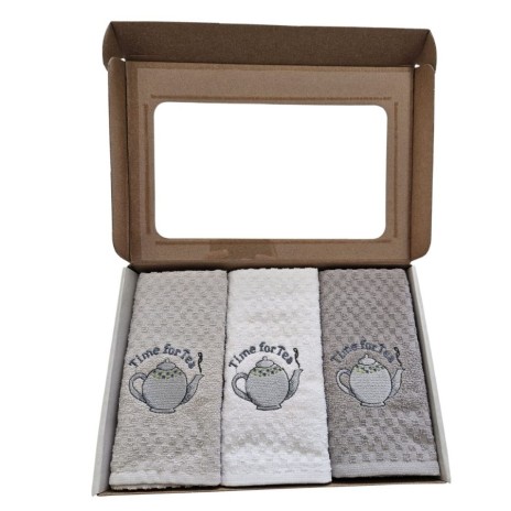 Set 3 prosoape bucatarie cu broderie 40x60cm, bumbac 100%, Tea Time