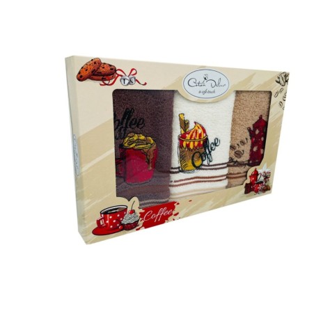 Set 3 prosoape bucatarie bumbac 100% cu broderie Coffee Brown 30x50 cm in cutie eleganta