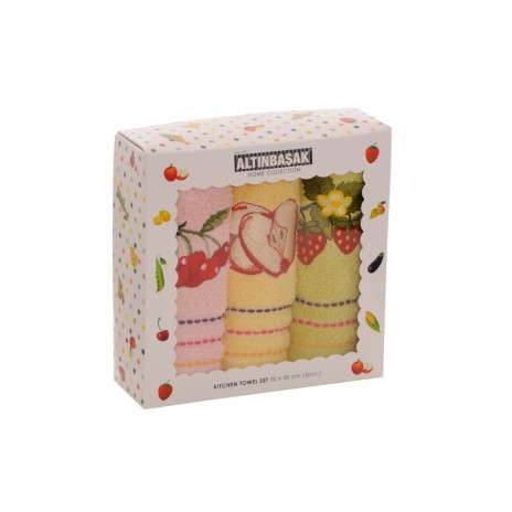 Set 3 prosoape bucatarie cu broderie, bumbac 100%, Fructe