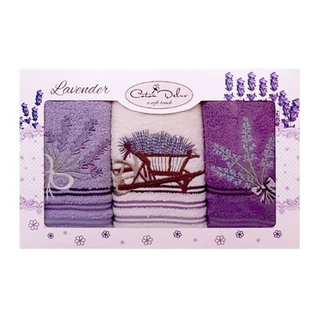 Set 3 prosoape bucatarie cu broderie, bumbac 100%, Lavanda