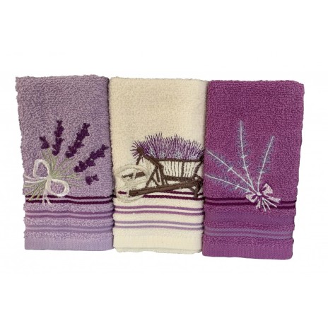 Set 3 prosoape bucatarie cu broderie, bumbac 100%, Lavanda